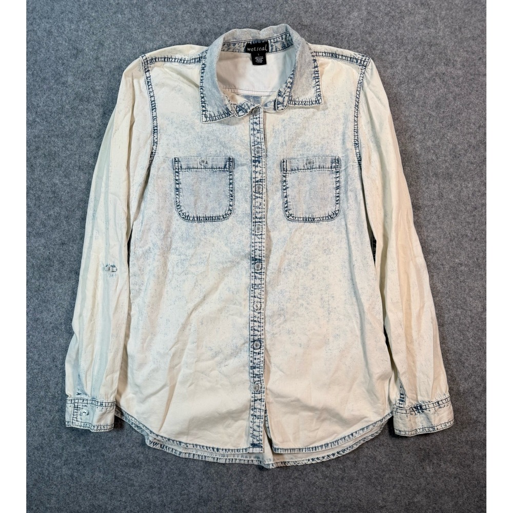 Wet Seal Womens Acid Wash Denim Button Down Shirt Y2K Blue White Cotton Large - Picture 2 of 7